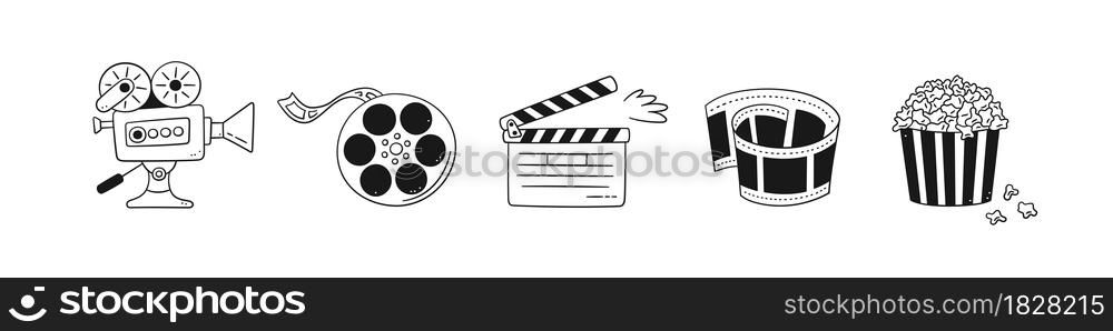 Hand drawn cinema set with movie camera, clapper board, cinema reel and tape, popcorn in striped box. Vector illustration isolated in doodle style on white background.