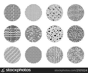 Hand drawn circle scribble textures, abstract round shape doodles. Sketch pattern background scribbles with dots or lines vector texture set. Minimalistic repeating design for fabric or wallpaper. Hand drawn circle scribble textures, abstract round shape doodles. Sketch pattern background scribbles with dots or lines vector texture set