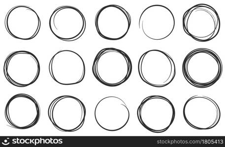 Hand drawn circles, circular brush pen stroke doodles. Scribble circle, round pencil frame, sketch bubble doodle drawing vector set. Black paint line borders, rings isolated on white. Hand drawn circles, circular brush pen stroke doodles. Scribble circle, round pencil frame, sketch bubble doodle drawing vector set
