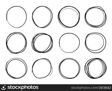 Hand drawn circles. Round doodle loops, circular sketch highlights. Circular scribble black pencil stroke brush illustration on white background. Circle vector isolated set. Hand drawn circles. Round doodle loops, circular sketch highlights. Circle vector isolated set