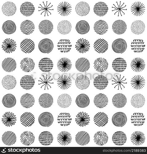 Hand drawn circles with doodle texture. Modern abstract seamless pattern with black organic round shapes with lines, circles, drops. Vector illustration on white background.. Hand drawn circles with doodle texture. Modern abstract seamless pattern with black organic round shapes with lines, circles, drops. Vector illustration on white background