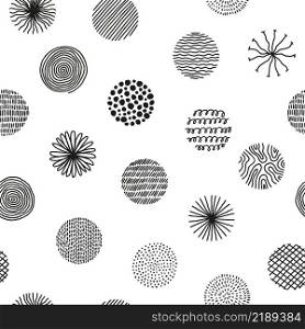 Hand drawn circles with doodle texture. Modern abstract seamless pattern with black organic round shapes with lines, circles, drops. Vector illustration on white background.. Hand drawn circles with doodle texture. Modern abstract seamless pattern with black organic round shapes with lines, circles, drops. Vector illustration on white background