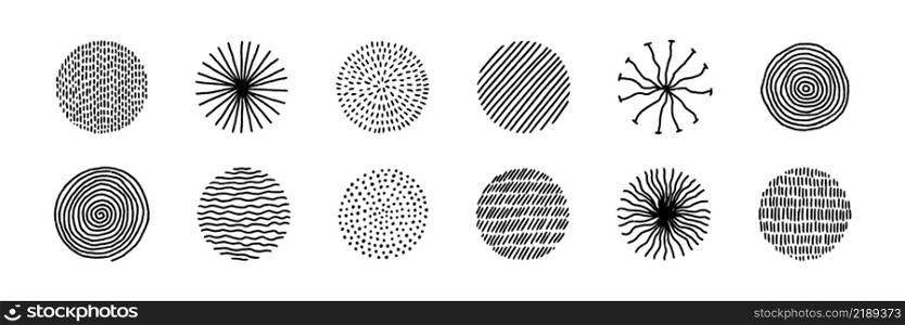 Hand drawn circles with doodle texture. Modern abstract set black round shapes with lines, circles, drops. Hand drawn organic doodle shapes. Colletion vector illustrations isolated on white background. Hand drawn circles with doodle texture. Modern abstract set black round shape with lines, circles, drops. Hand drawn organic doodle shapes. Colletion vector illustrations isolated on white background