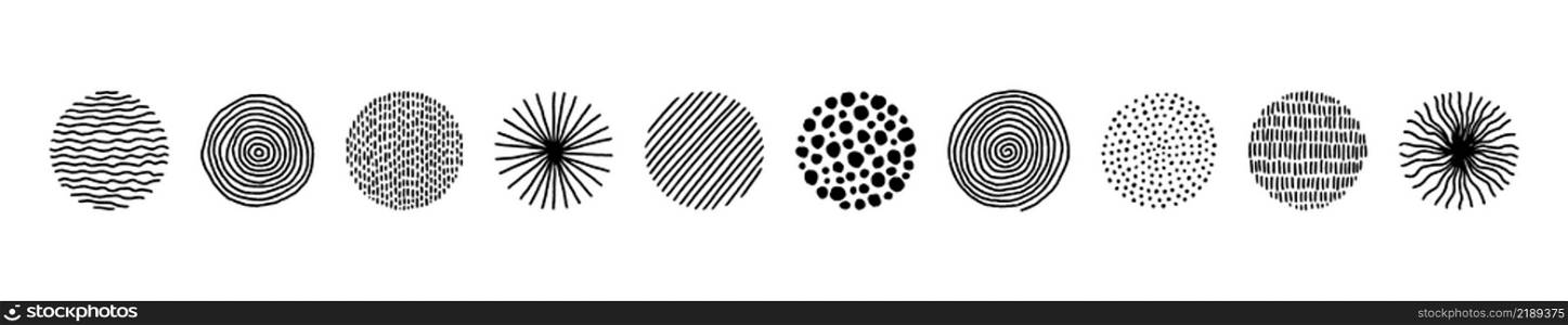 Hand drawn circles with doodle texture. Modern abstract set black round shapes with lines, circles, drops. Hand drawn organic doodle shapes. Colletion vector illustrations isolated on white background. Hand drawn circles with doodle texture. Modern abstract set black round shape with lines, circles, drops. Hand drawn organic doodle shapes. Colletion vector illustrations isolated on white background