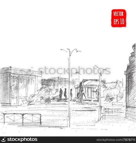Hand drawn City Street. City Street. Hand drawn architectural Vector illustration