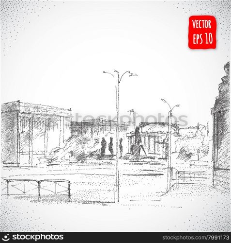 Hand drawn City Street. City Street. Hand drawn architectural Vector illustration
