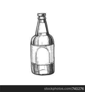 Hand Drawn Classic Glass Bottle Of Beer Vector. Ink Design Sketch Retro Bottle Of Alcoholic Drink Or Mineral Water. Concept Monochrome Package With Blank Label Template Cartoon Illustration. Hand Drawn Classic Glass Bottle Of Beer Vector
