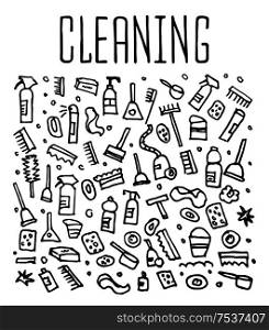 Hand drawn cleaning tools seamless logo, cleaning tools doodles elements, cleaning seamless background. cleaning sketchy illustration . Hand drawn cleaning tools seamless logo