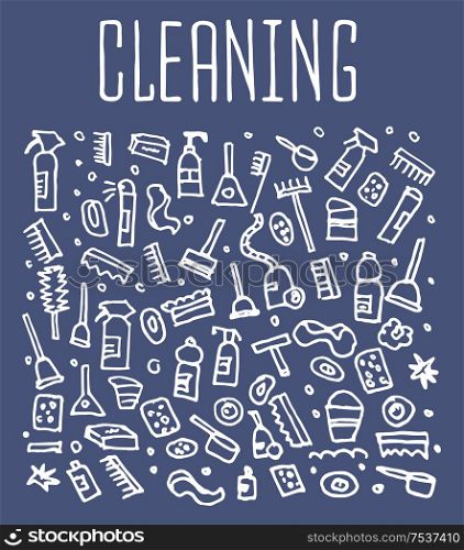 Hand drawn cleaning tools seamless logo, cleaning tools doodles elements, cleaning seamless background. cleaning sketchy illustration . Hand drawn cleaning tools seamless logo