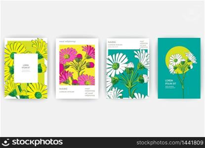 Hand drawn close-up Chrysanthemum flower artistic vector illustration. Botanical wedding flowers. Petals painted in pink white yellow colors.Floral trendy pattern Greeting card invitation background set