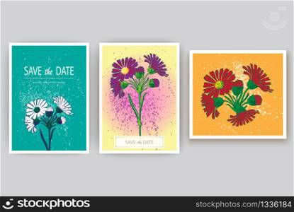Hand drawn close-up Chrysanthemum flower artistic vector illustration. Botanical wedding ornament. Petals painted in white, purple, red. Floral trendy pattern set Decorative greeting card invitation background. Blue, yellow, orange colors
