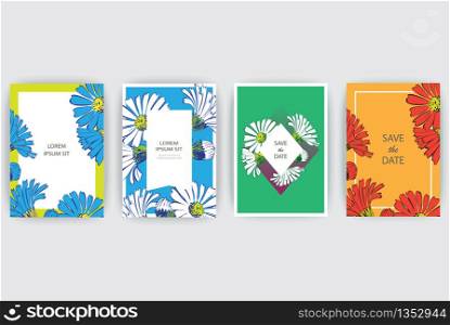 Hand drawn close-up Chrysanthemum flower artistic vector illustration. Botanical wedding ornament. Petals painted in white, red, blue. Floral trendy pattern Decorative greeting card invitation background set