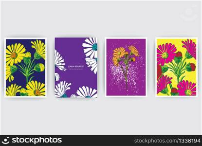 Hand drawn close-up Chrysanthemum flower artistic vector illustration set. Botanical wedding ornament. Petals painted in yellow, white, pink. Floral trendy pattern Decorative greeting card invitation background. Blue, purple, pink colors