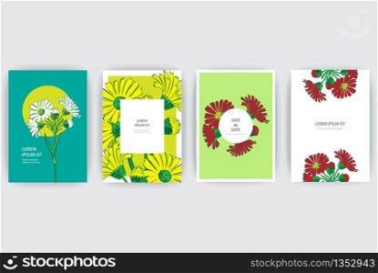 Hand drawn close-up natural Chrysanthemum flower artistic vector illustration. Botanical wedding ornament plant. Petals are painted in white, yellow, red. Floral trendy pattern poster, invite. Decorative greeting card invitation design background set. Blue, yellow, green colors