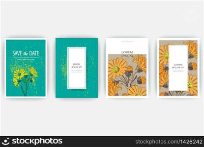 Hand drawn close-up natural Chrysanthemum flower artistic vector illustration. Botanical wedding ornament plant. Petals are painted in yellow, orange. Floral trendy pattern poster, invite. Decorative greeting card invitation design background set