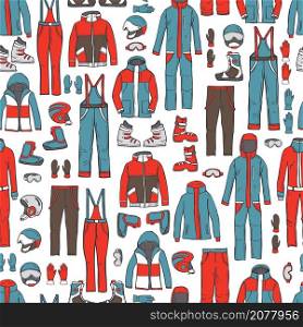 Hand drawn clothing and equipment for skiers and snowboarders. Vector seamless pattern.. Clothing and equipment for skiers and snowboarders. Vector pattern.