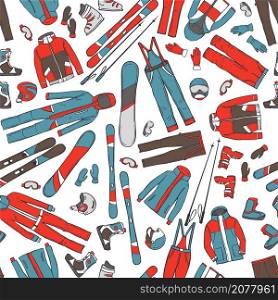 Hand drawn clothing and equipment for skiers and snowboarders. Vector seamless pattern.. Clothing and equipment for skiers and snowboarders. Vector pattern.
