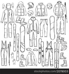Hand drawn clothing and equipment for skiers and snowboarders. Vector sketch illustration.. Clothing and equipment for skiers and snowboarders. Vector illustration.