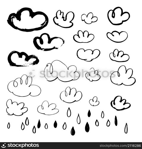 Hand drawn clouds and rain drops. Vector sketch illustration . Hand drawn clouds and rain drops.
