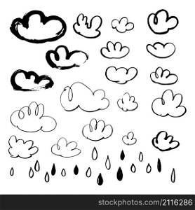 Hand drawn clouds and rain drops. Vector sketch illustration . Hand drawn clouds and rain drops.