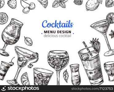 Hand drawn cocktail background. Engraving cocktails alcoholic drinks vintage vector illustration. Illustration of alcohol cocktail menu. Hand drawn cocktail background. Engraving cocktails alcoholic drinks vintage vector illustration