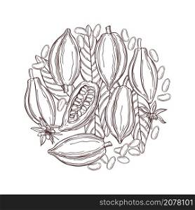 Hand drawn cocoa bean in a circle. Vector sketch illustration. Hand drawn cocoa bean. Vector sketch illustration