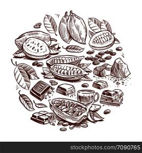 Hand drawn cocoa beans, chocolate design. Doodle cacao tree vector graphic isolated on white background. Illustration of ingredient drawing for hot drink. Hand drawn cocoa beans, chocolate design. Doodle cacao tree vector graphic isolated on white background