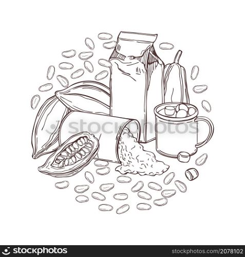 Hand drawn cocoa powder and cocoa drink in a circle. Vector sketch illustration. Cocoa powder and cocoa drink in a circle.