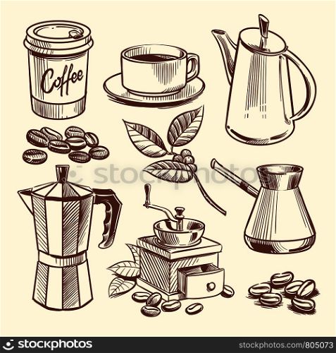 Hand drawn coffee cup, beans, leaves, coffeepot and coffee grinder vector illustration. Grinder coffee, cup or mug sketch espresso. Hand drawn coffee cup, beans, leaves, coffeepot and coffee grinder vector illustration