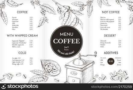Hand drawn coffee menu. Coffeeshop cafe and restaurant caffeine drinks menu design with sketch of roasted beans, espresso beverage cup and sack. Plant branches. Vector cafeteria vintage graphic layout. Hand drawn coffee menu. Coffeeshop cafe and restaurant caffeine drinks menu with sketch of roasted beans, espresso cup and sack. Plant branches. Vector cafeteria vintage graphic layout