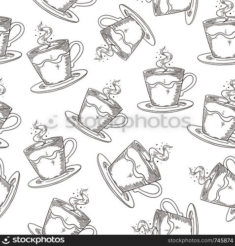 Hand drawn coffee pattern. Cute seamless print with coffee or tea mugs, morning drink sketch. Vector vintage black cups print design on white backgrounds. Hand drawn coffee pattern. Cute seamless print with coffee or tea mugs, morning drink sketch. Vector vintage print design