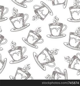 Hand drawn coffee pattern. Cute seamless print with coffee or tea mugs, morning drink sketch. Vector vintage black cups print design on white backgrounds. Hand drawn coffee pattern. Cute seamless print with coffee or tea mugs, morning drink sketch. Vector vintage print design