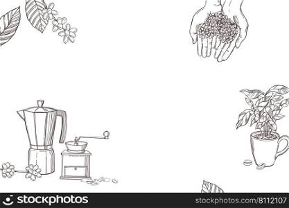 Hand-drawn  coffee set. Coffee beans in hands.  Vector background.. Background with  coffee  plants and beans.