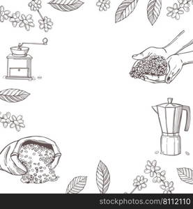 Hand-drawn  coffee set. Coffee beans in hands.  Vector background.. Coffee set. Coffee beans in hands. 