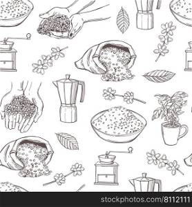 Hand-drawn  coffee set. Coffee beans in hands.  Vector  seamless pattern.  . Coffee set. Coffee beans in hands. 