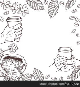 Hand-drawn  coffee set. Hands holding paper cup of coffee. Vector background.. Coffee set. Vector background.