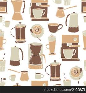 Hand drawn coffee set. ?offee drinks , makers and grinders. Vector seamless pattern . ?offee drinks , makers and grinders. Vector seamless pattern