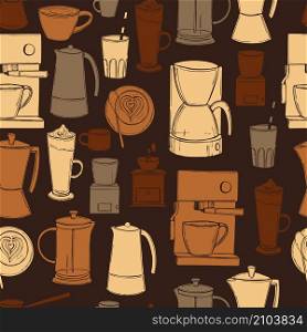 Hand drawn coffee set. ?offee drinks , makers and grinders. Vector seamless pattern . Coffee set. ?offee makers and grinders.