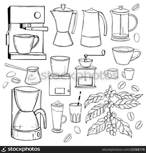 Hand drawn coffee set. ?offee makers and grinders. Vector sketch illustration.. Coffee set. ?offee makers and grinders.
