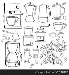 Hand drawn coffee set. ?offee makers and grinders. Vector sketch illustration.. Coffee set. ?offee makers and grinders.