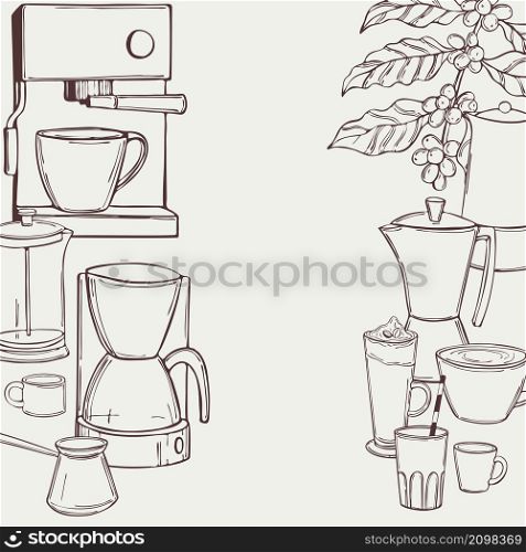 Hand drawn coffee set. Vector background. Sketch illustration.. Coffee set. Vector background