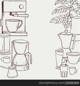 Hand drawn coffee set. Vector background. Sketch illustration.. Coffee set. Vector background