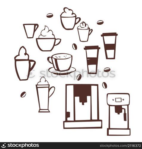 Hand drawn coffee set. Vector sketch illustration.