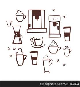 Hand drawn coffee set. Vector sketch illustration.. Hand drawn coffee set.Vector sketch illustration.