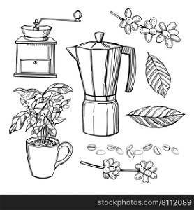 Hand-drawn coffee set.  Vector sketch  illustration..  offee maker  and grinder. Coffee plants.