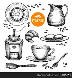 Hand drawn coffee set with milk pot cup and grinder isolated vector illustration. Hand Drawn Coffee Set