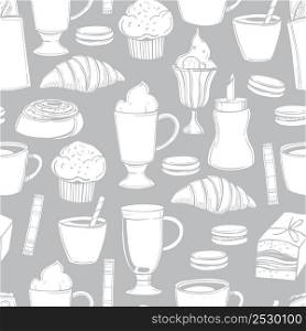 Hand-drawn coffee shop food and drinks set. Vector seamless pattern. Coffee shop food and drinks set. Vector pattern