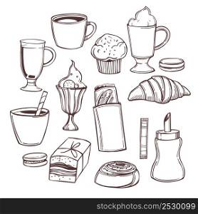 Hand-drawn coffee shop food and drinks set. Vector sketch illustration.. Vector coffee shop food and drinks set.
