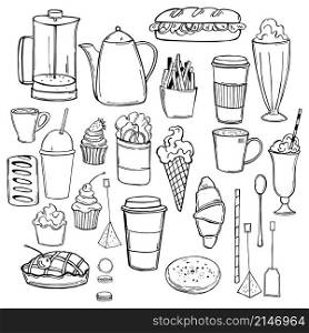 Hand drawn coffee shop food set. Vector sketch illustration.. Vector coffee shop food set.