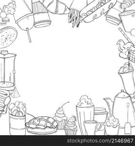 Hand drawn coffee shop food . Vector background. Sketch illustration.. Vector coffee shop food set.